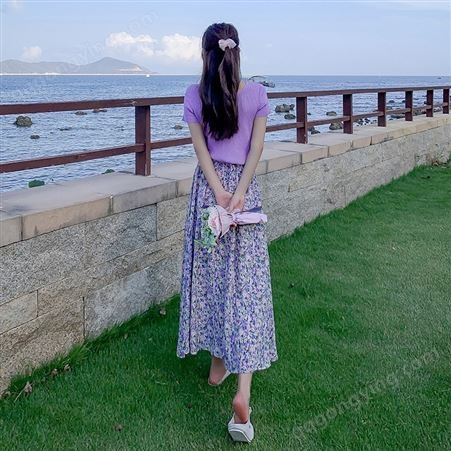 赫本风仙女紫色碎花半身裙可甜洋气小个子显高女夏