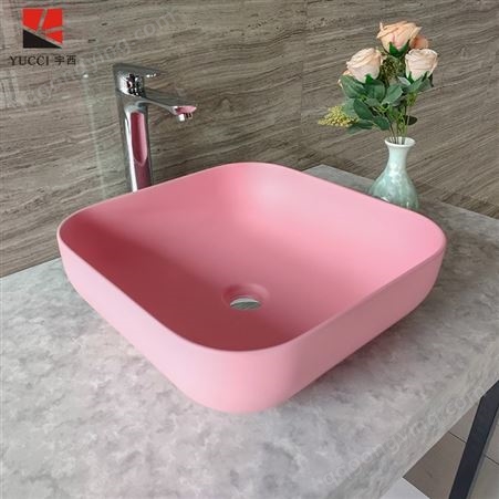 现代家装粉色人造石方形台上盆 可安装在各种台面上